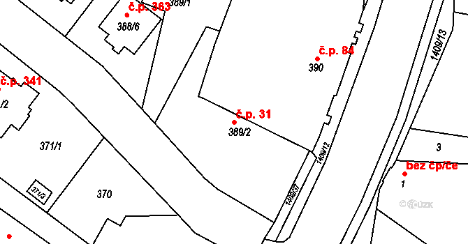 Pudlov 31, Bohumín na parcele st. 389/2 v KÚ Pudlov, Katastrální mapa