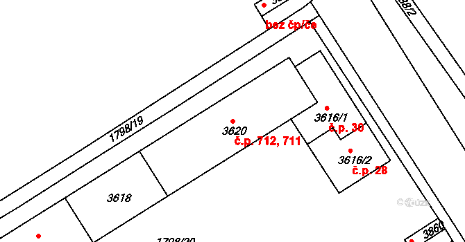 Chrudim III 711,712, Chrudim na parcele st. 3620 v KÚ Chrudim, Katastrální mapa