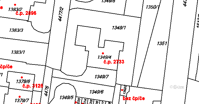 Teplice 2733 na parcele st. 1349/4 v KÚ Teplice, Katastrální mapa