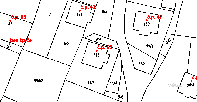 Mečichov 62 na parcele st. 135 v KÚ Mečichov, Katastrální mapa