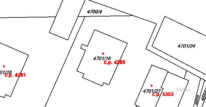 Chomutov 4285 na parcele st. 4701/16 v KÚ Chomutov I, Katastrální mapa