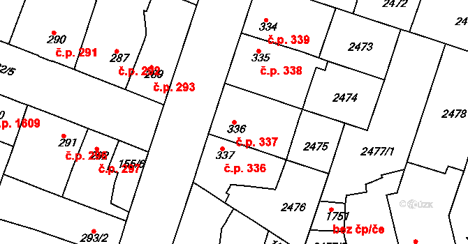 Rosice 337 na parcele st. 336 v KÚ Rosice u Brna, Katastrální mapa