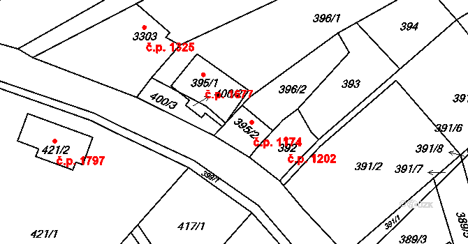 Šlapanice 1174 na parcele st. 395/2 v KÚ Šlapanice u Brna, Katastrální mapa