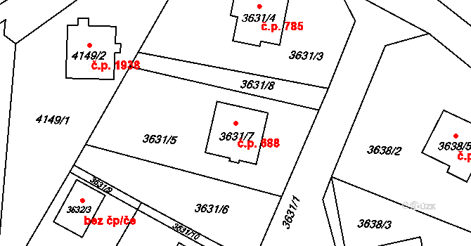 Fryštát 688, Karviná na parcele st. 3631/7 v KÚ Karviná-město, Katastrální mapa