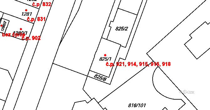 Doubravka 914,915,916,918,921, Plzeň na parcele st. 825/1 v KÚ Doubravka, Katastrální mapa