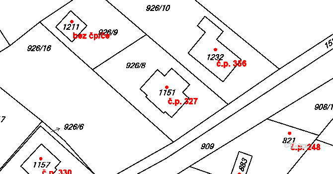 Plácky 327, Hradec Králové na parcele st. 1151 v KÚ Plácky, Katastrální mapa