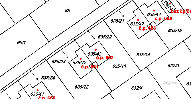 Jirny 662 na parcele st. 635/43 v KÚ Jirny, Katastrální mapa