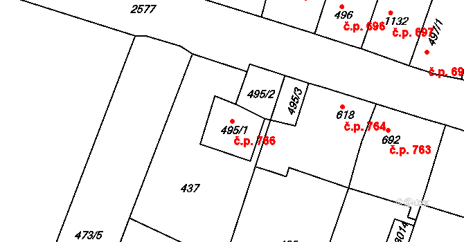 Nový Bydžov 766 na parcele st. 495/1 v KÚ Nový Bydžov, Katastrální mapa