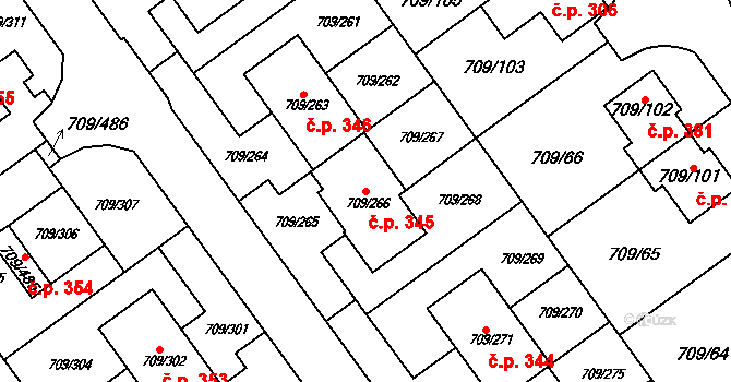 Popůvky 345 na parcele st. 709/266 v KÚ Popůvky u Brna, Katastrální mapa
