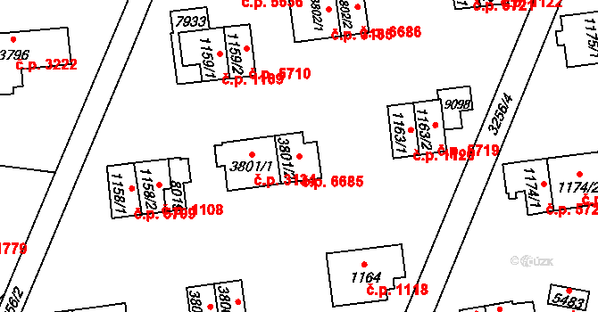 Zlín 6685 na parcele st. 3801/2 v KÚ Zlín, Katastrální mapa
