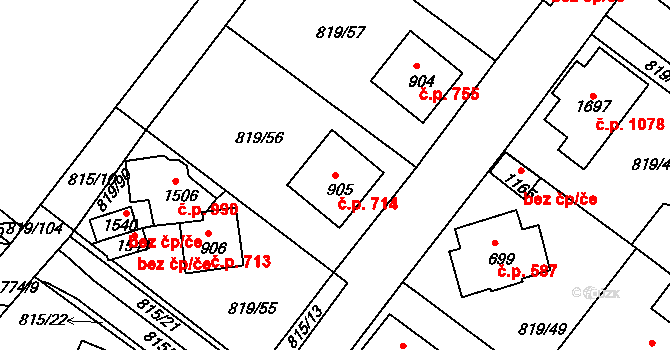 Luhačovice 714 na parcele st. 905 v KÚ Luhačovice, Katastrální mapa