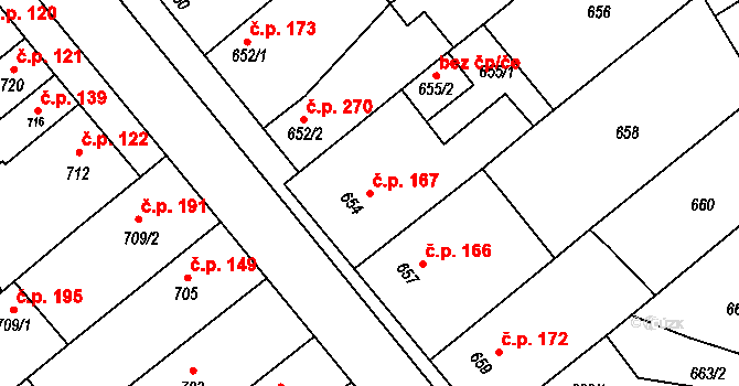 Pustiměřské Prusy 167, Pustiměř na parcele st. 654 v KÚ Pustiměř, Katastrální mapa