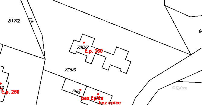 Černé Budy 360, Sázava na parcele st. 736/2 v KÚ Černé Budy, Katastrální mapa