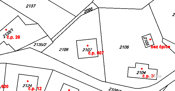 Rapotín 607 na parcele st. 2107 v KÚ Rapotín, Katastrální mapa
