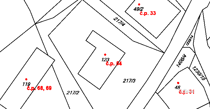 Heřmanice u Oder 54 na parcele st. 123 v KÚ Heřmanice u Oder, Katastrální mapa