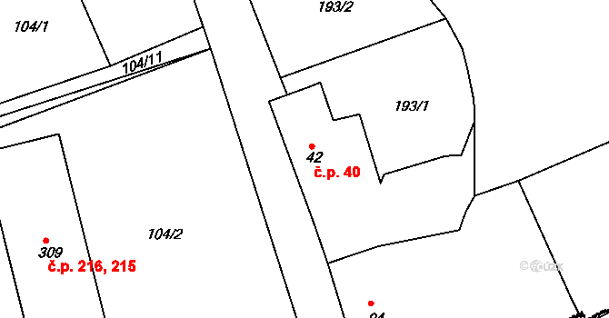 Krušovice 40 na parcele st. 42 v KÚ Krušovice, Katastrální mapa
