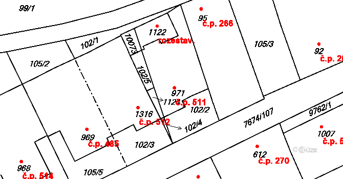 Dolní Dunajovice 511 na parcele st. 971 v KÚ Dolní Dunajovice, Katastrální mapa