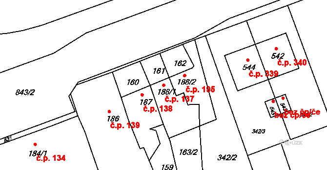 Olšany u Prostějova 137 na parcele st. 188/1 v KÚ Olšany u Prostějova, Katastrální mapa