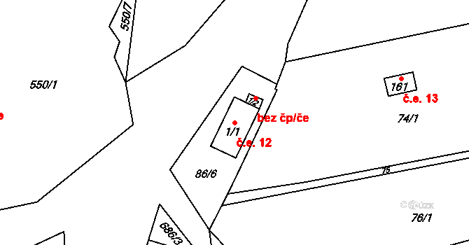 Teplice nad Bečvou 12 na parcele st. 1/1 v KÚ Teplice nad Bečvou, Katastrální mapa