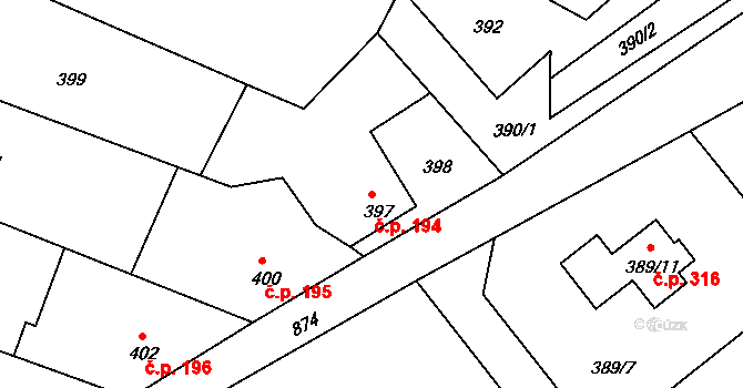 Malešov 194 na parcele st. 397 v KÚ Malešov, Katastrální mapa