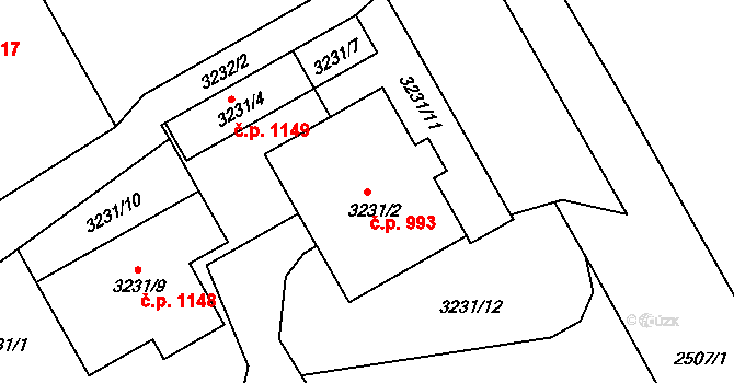 Lyžbice 993, Třinec na parcele st. 3231/2 v KÚ Lyžbice, Katastrální mapa