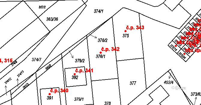 Rousínov 342 na parcele st. 376/1 v KÚ Rousínov u Vyškova, Katastrální mapa