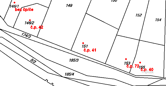 Skramníky 41, Klučov na parcele st. 151 v KÚ Skramníky, Katastrální mapa