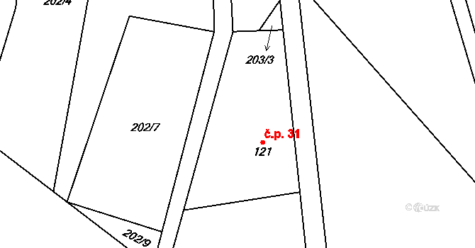 Volavec 31, Radostná pod Kozákovem na parcele st. 121 v KÚ Volavec, Katastrální mapa
