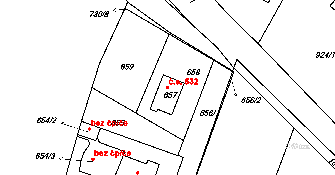 Hlásná Třebaň 532 na parcele st. 657 v KÚ Hlásná Třebaň, Katastrální mapa