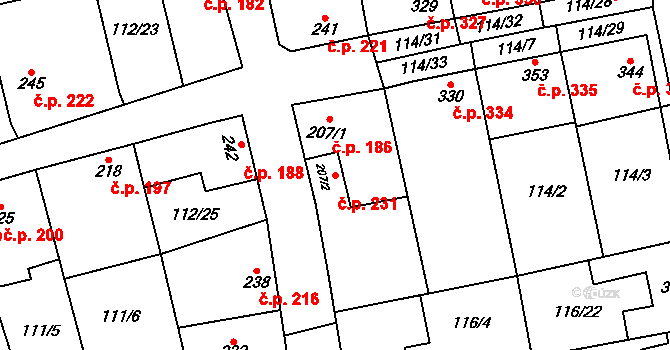 Veltrusy 231 na parcele st. 207/2 v KÚ Veltrusy, Katastrální mapa