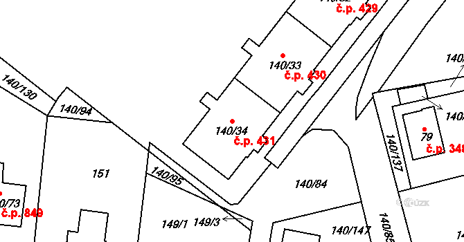 Lhotka 431, Praha na parcele st. 140/34 v KÚ Lhotka, Katastrální mapa