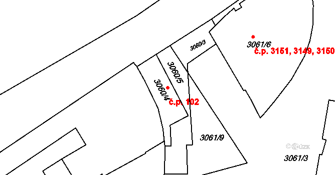 Smíchov 102, Praha na parcele st. 3060/4 v KÚ Smíchov, Katastrální mapa