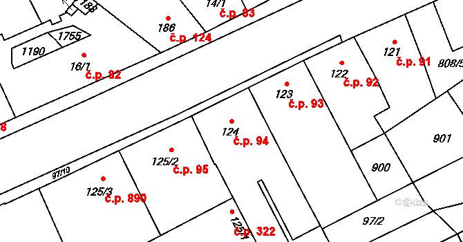 Hodolany 94, Olomouc na parcele st. 124 v KÚ Hodolany, Katastrální mapa