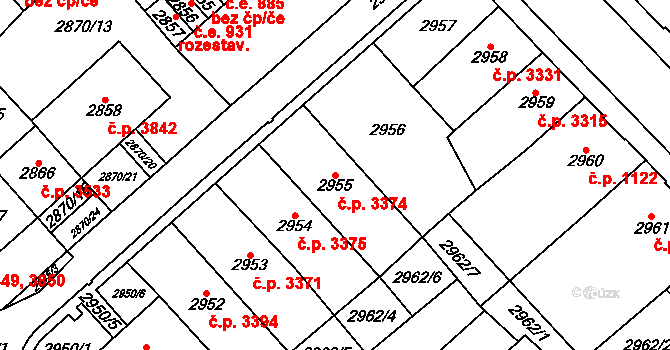 Chomutov 3374 na parcele st. 2955 v KÚ Chomutov I, Katastrální mapa