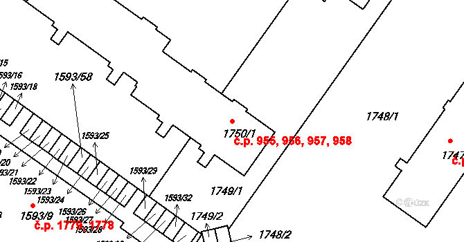 Kuřim 955,956,957,958 na parcele st. 1750/1 v KÚ Kuřim, Katastrální mapa