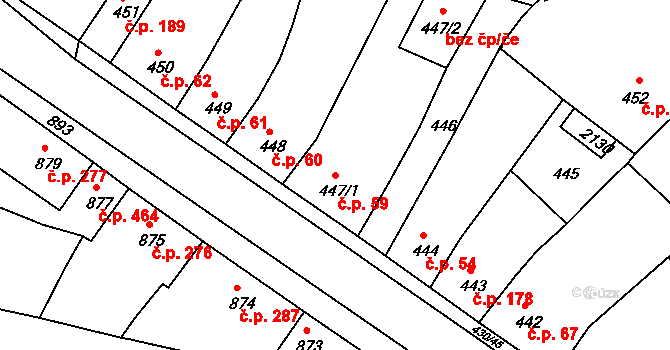 Týnec nad Labem 59 na parcele st. 447/1 v KÚ Týnec nad Labem, Katastrální mapa