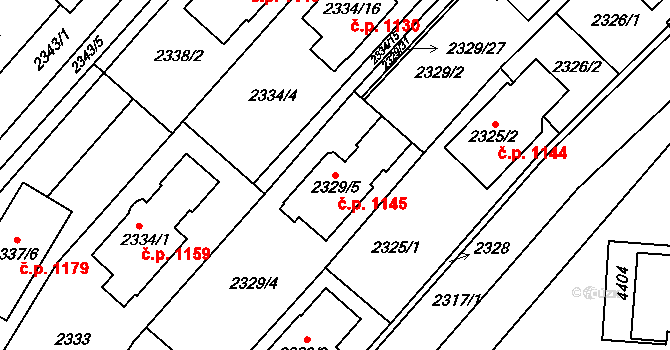Komín 1145, Brno na parcele st. 2329/5 v KÚ Komín, Katastrální mapa