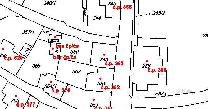 Šluknov 363 na parcele st. 349 v KÚ Šluknov, Katastrální mapa