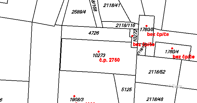 Zelené Předměstí 2750, Pardubice na parcele st. 10273 v KÚ Pardubice, Katastrální mapa