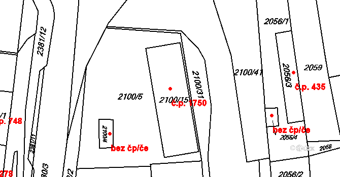 Jirkov 1750 na parcele st. 2100/15 v KÚ Jirkov, Katastrální mapa