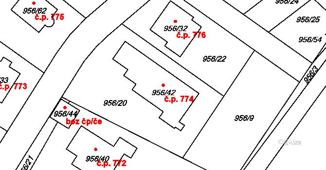 Srubec 774 na parcele st. 956/42 v KÚ Srubec, Katastrální mapa