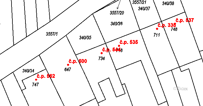 Halenkovice 544 na parcele st. 734 v KÚ Halenkovice, Katastrální mapa