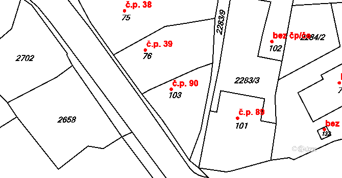 Hrádek na Vlárské dráze 90, Slavičín na parcele st. 103 v KÚ Hrádek na Vlárské dráze, Katastrální mapa