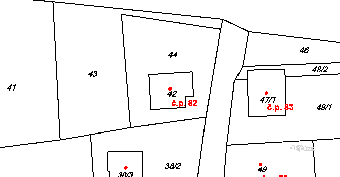 Klečůvka 82, Zlín na parcele st. 42 v KÚ Klečůvka, Katastrální mapa