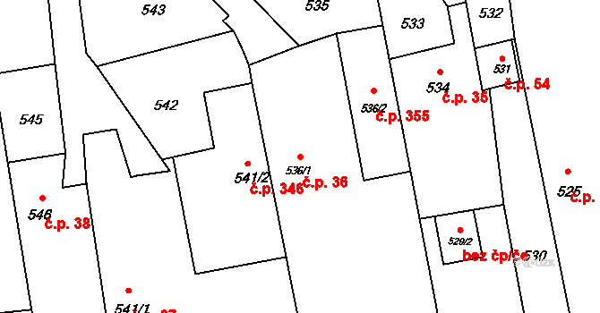 Komárov 36, Opava na parcele st. 536/1 v KÚ Komárov u Opavy, Katastrální mapa