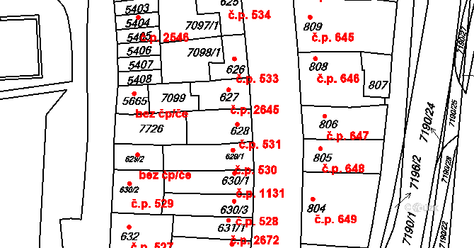 Uherský Brod 531 na parcele st. 628 v KÚ Uherský Brod, Katastrální mapa