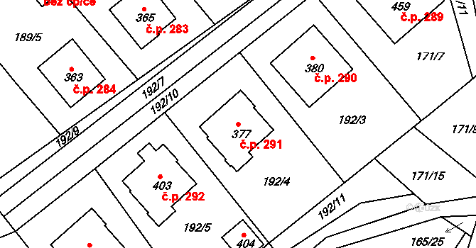 Rosice 291 na parcele st. 377 v KÚ Rosice u Chrasti, Katastrální mapa