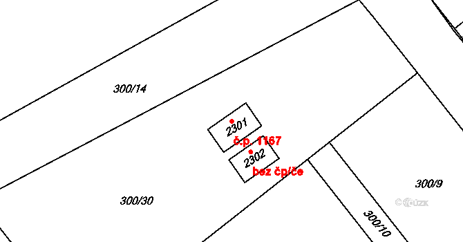 Podklášteří 1167, Třebíč na parcele st. 2301 v KÚ Podklášteří, Katastrální mapa