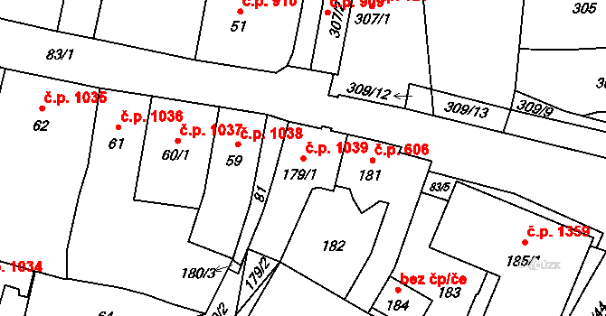 Mohelnice 1039 na parcele st. 179/1 v KÚ Mohelnice, Katastrální mapa