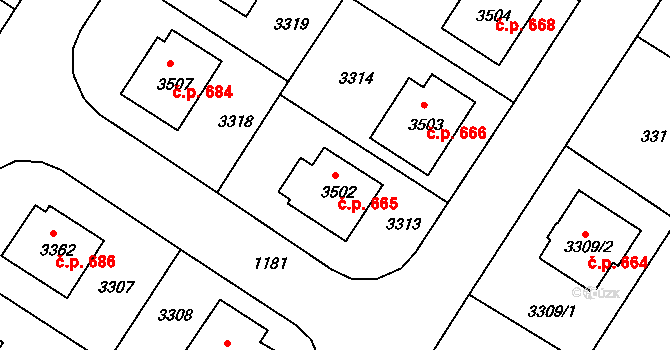 Kamenice nad Lipou 665 na parcele st. 3502 v KÚ Kamenice nad Lipou, Katastrální mapa